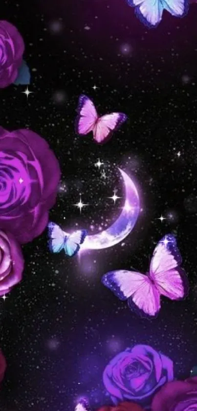 Purple starry night wallpaper with roses and butterflies.