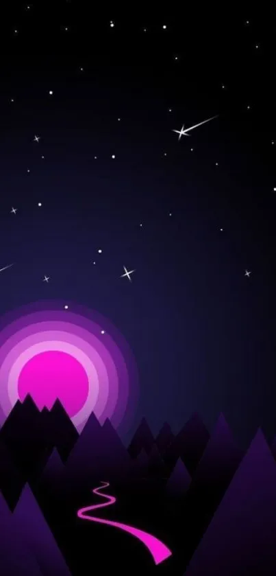 Purple night sky wallpaper with stars and mountains.