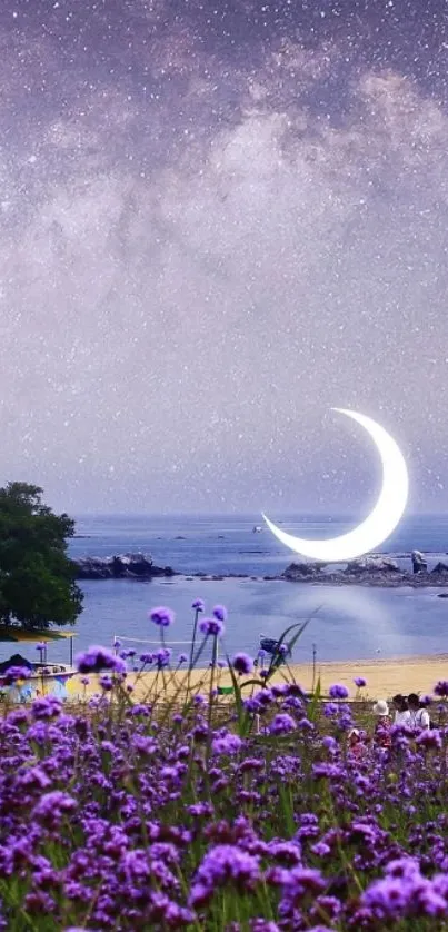 Purple sky with crescent moon over beach blooms.