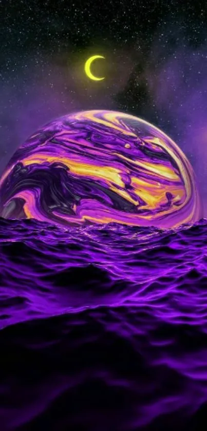 Purple ocean and cosmic sky with swirling planets.