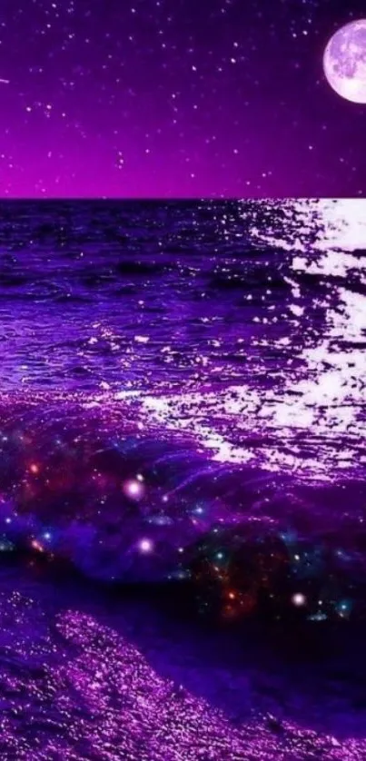 Purple ocean waves under a starry sky with a full moon.