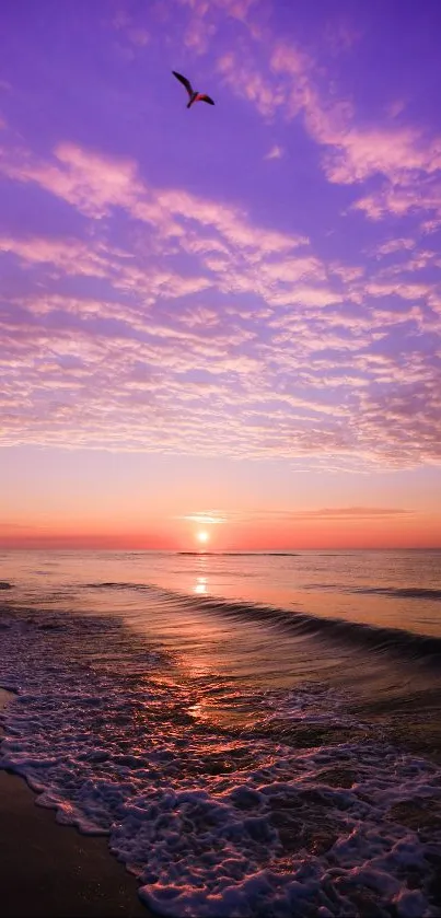 Vibrant purple ocean sunset with serene waves and bird in the sky.