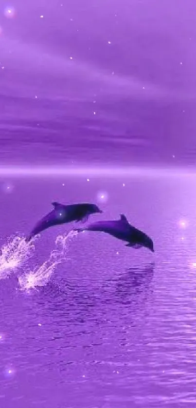 Purple ocean scene with dolphins leaping above water.