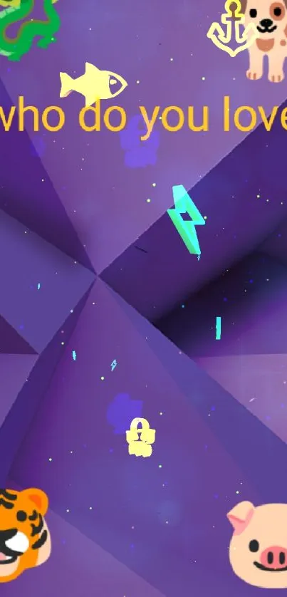Purple origami-style wallpaper with cute animal icons.