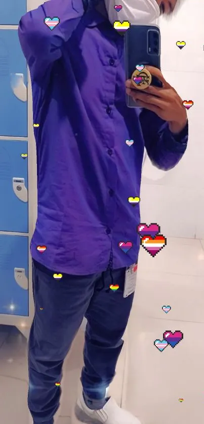 Person in a purple outfit with pixel hearts on a mobile wallpaper.