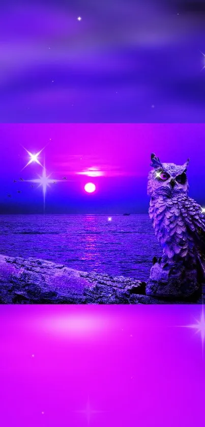 Majestic owl against a purple sunset with stars and sea.