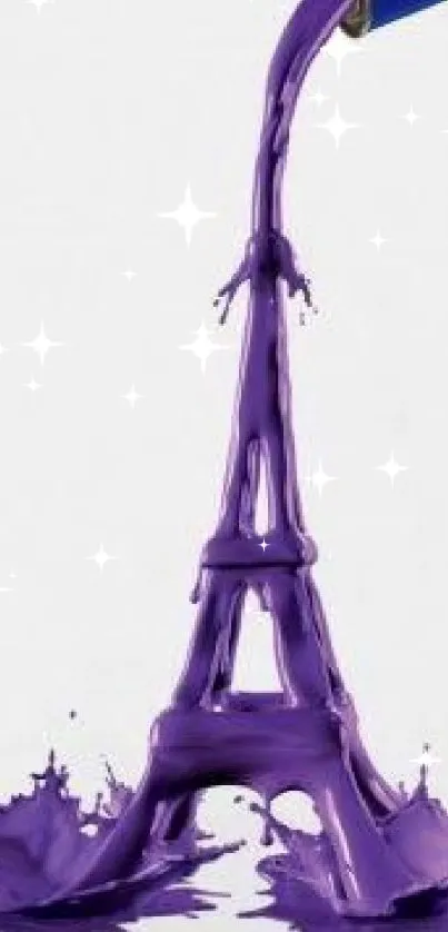 Purple paint forms Eiffel Tower on white background.