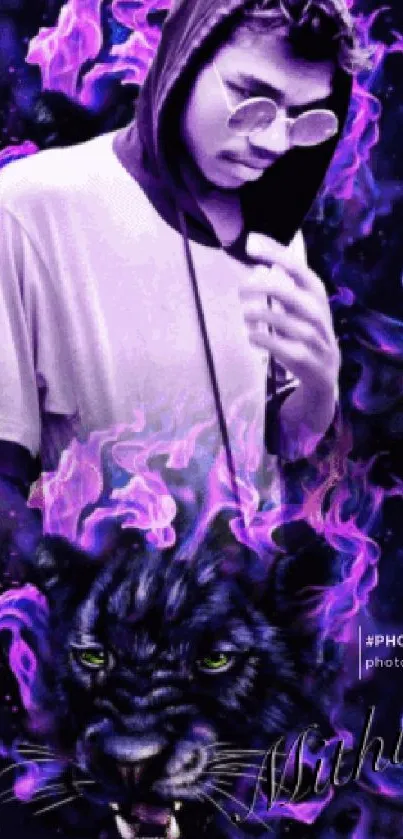 Mobile wallpaper with a panther and purple flames.