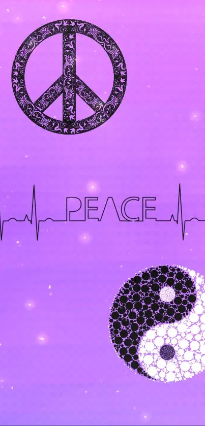 Purple wallpaper with peace, heartbeat, and yin-yang symbols.