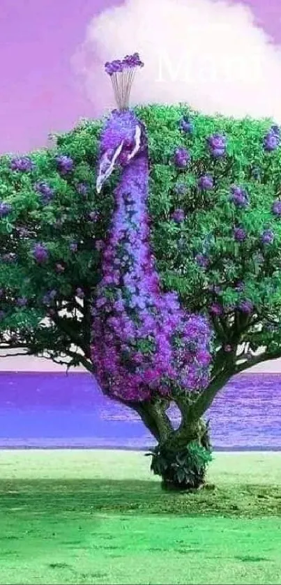 Purple peacock-shaped tree by the ocean with a colorful sky.