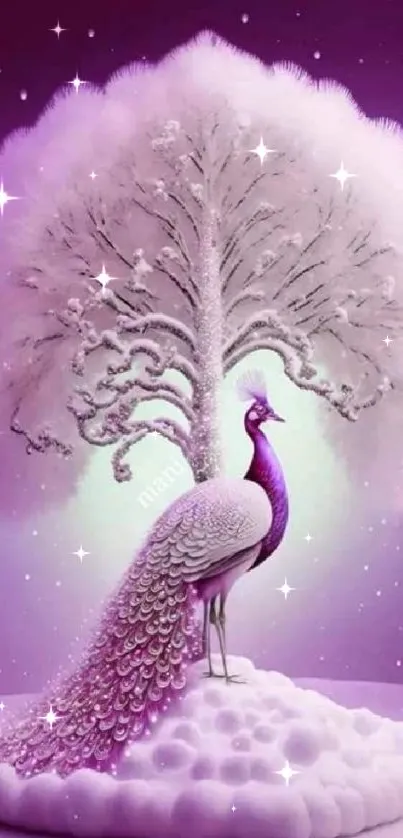 Purple peacock stands under a majestic snow-covered tree on a wintery backdrop.