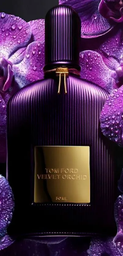 Luxurious purple perfume bottle with vibrant orchids.