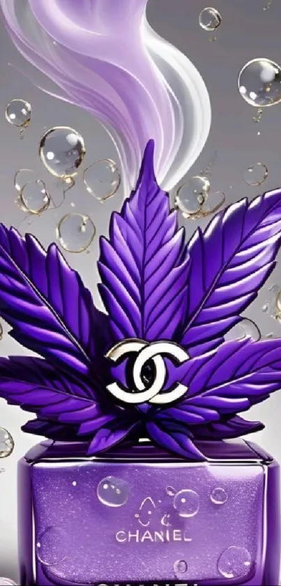 Purple perfume bottle with leaf design in mobile wallpaper.