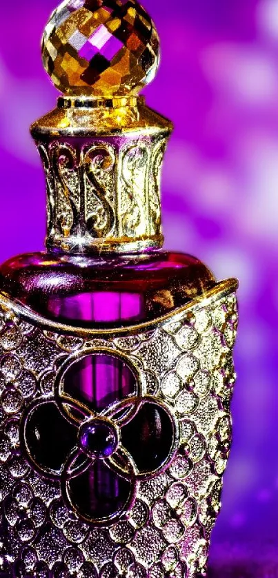 Elegant purple and gold perfume bottle wallpaper with luxurious details.