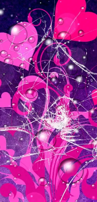 Purple and pink heart-themed abstract wallpaper with swirling patterns.