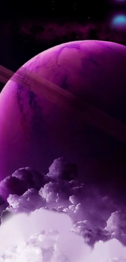 Purple planet and clouds in cosmic, ethereal space wallpaper.