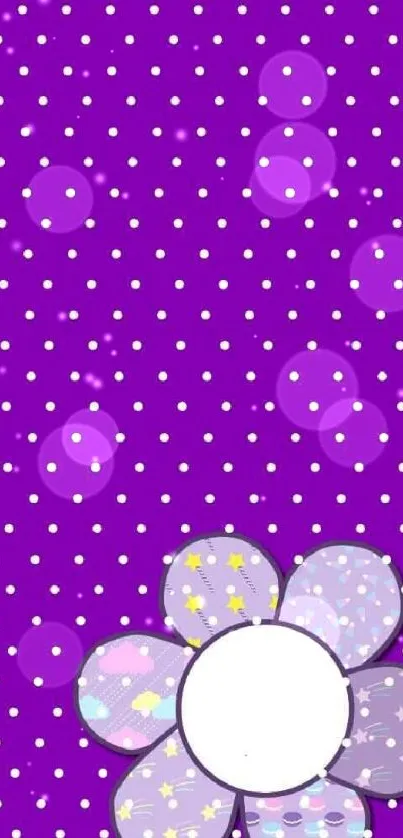 Purple polka dot wallpaper with whimsical flower design.