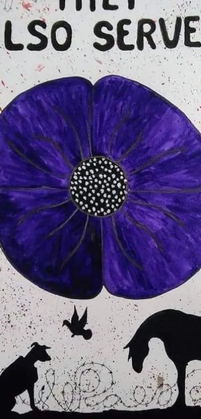 Purple poppy art with animal silhouettes for remembrance.