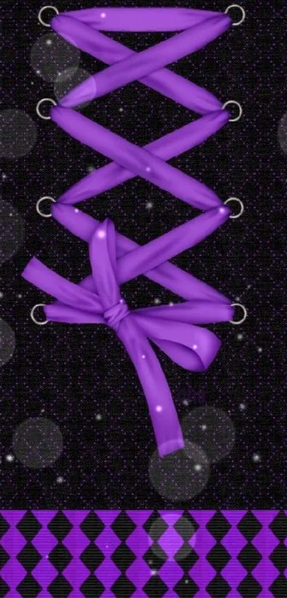 Purple ribbon on dark patterned background wallpaper.