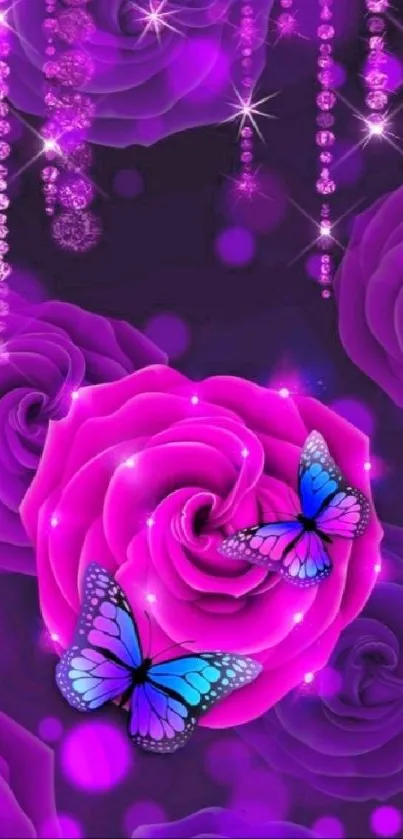 Vibrant purple rose with butterflies in enchanting wallpaper.