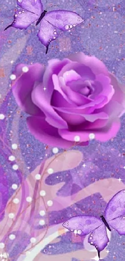 Purple rose with butterflies on a textured background.