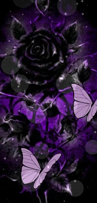 Purple rose and butterflies digital art on a dark background.