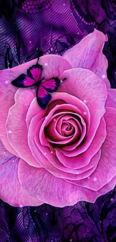 Purple rose and butterfly on lace background, artistic mobile wallpaper.