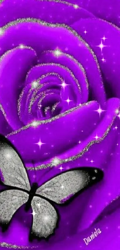 Purple rose with a butterfly accenting design.