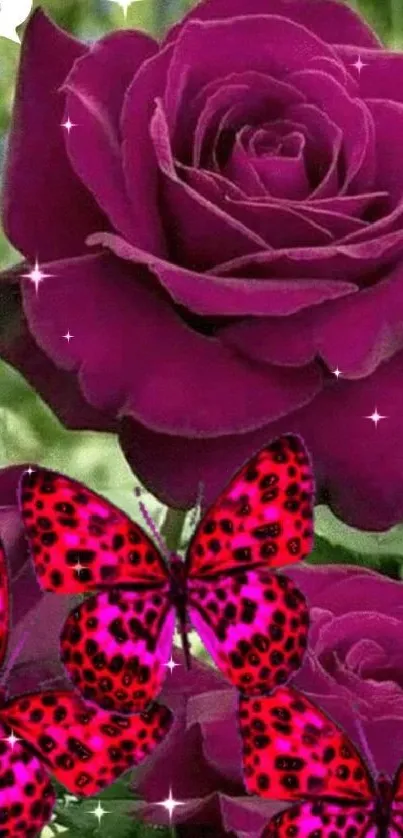 Purple roses with vibrant pink butterflies creating a stunning floral display.