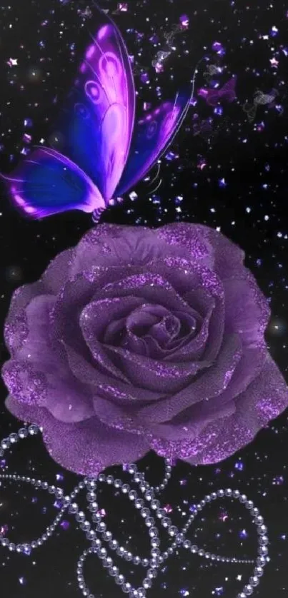 Purple rose and butterfly with sparkles on a dark background.