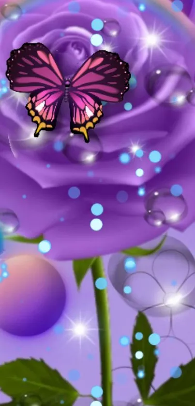 Purple rose with butterfly and bubble effects wallpaper.