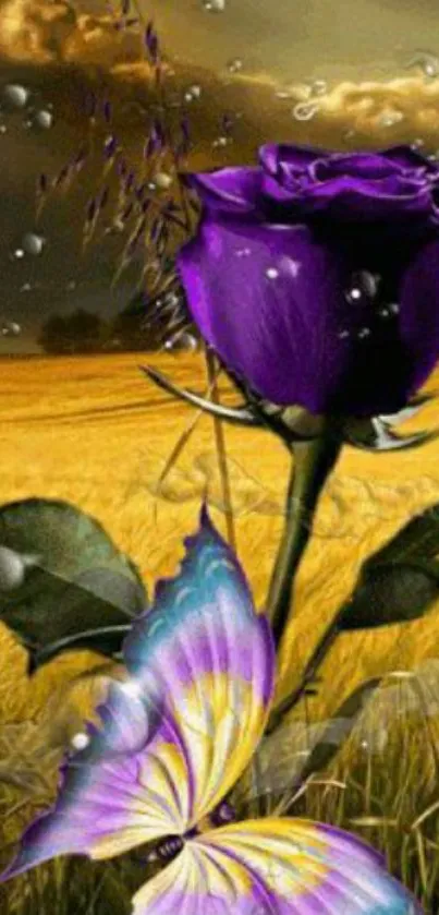 Purple rose with butterfly on golden field background.