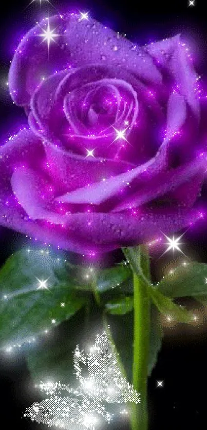 Purple rose with glowing aura and butterfly in a magical setting.