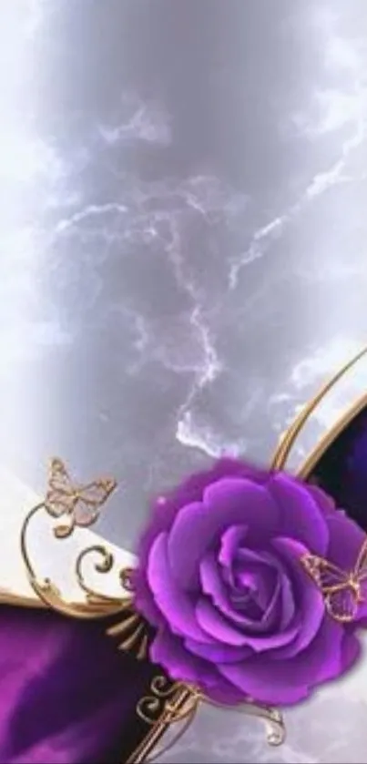 Artistic wallpaper with purple rose and butterflies