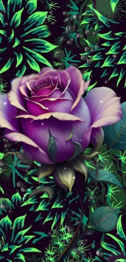 Purple rose with green leaves mobile wallpaper.