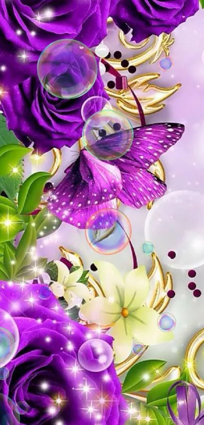 Vibrant purple roses and butterfly art wallpaper.