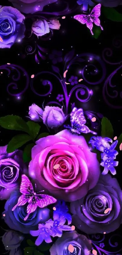 Purple roses and butterflies on black background wallpaper.