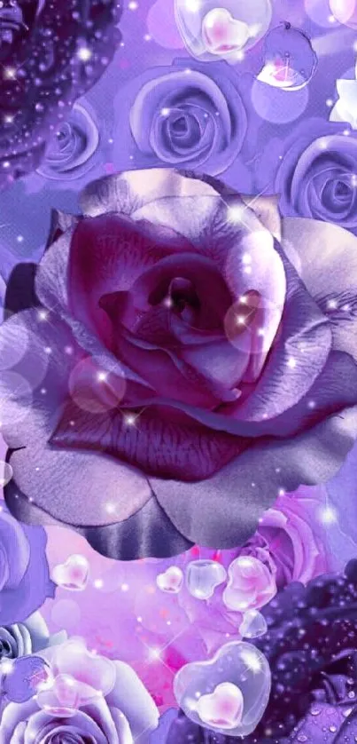 Purple rose floral wallpaper with dewdrops and heart accents.