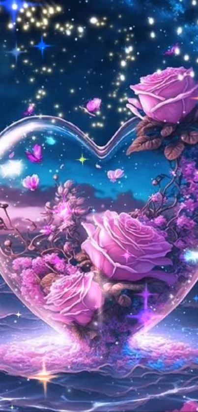 Ethereal heart with purple roses in a mystical night sky.