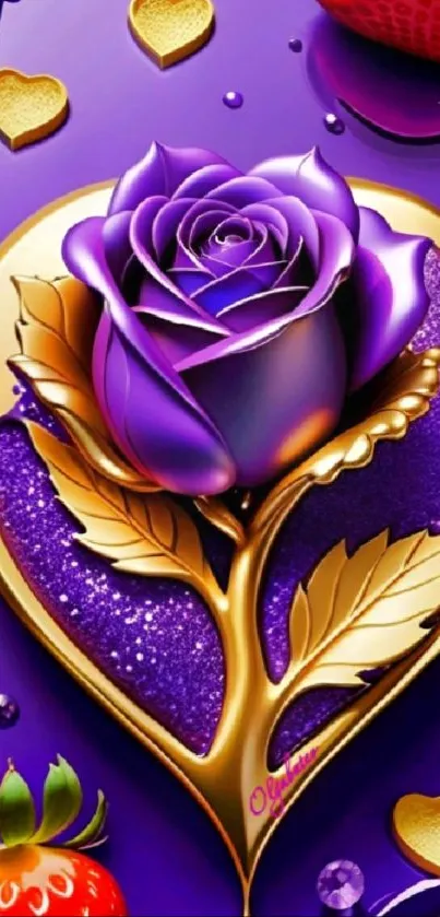 Luxurious purple rose in golden heart design wallpaper.