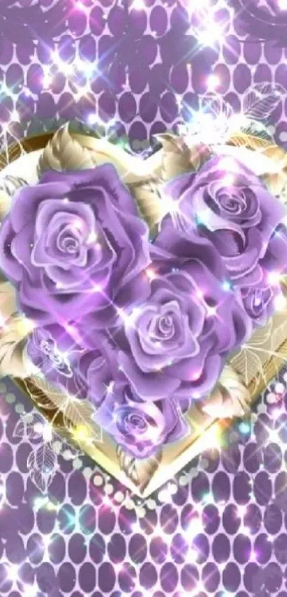 Purple roses in heart shape with sparkles.