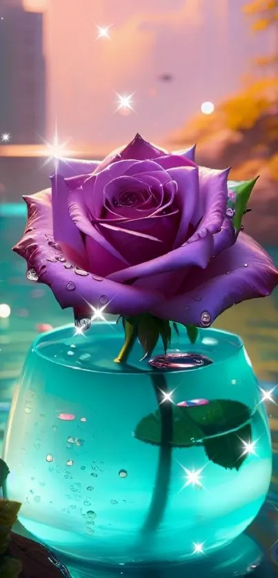 Purple rose in a glass vase on water with cityscape in background.