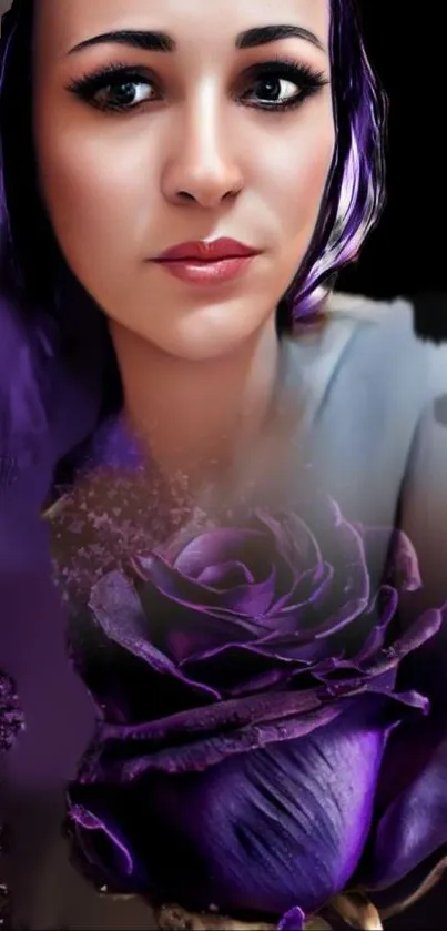 Artistic portrait with purple rose on mobile wallpaper.