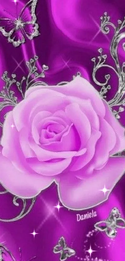 Purple rose with butterflies and silver floral accents.