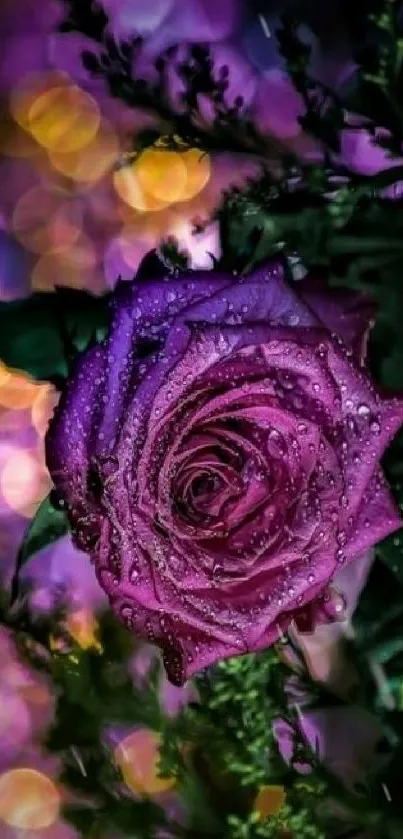 Purple rose with dew against bokeh background.