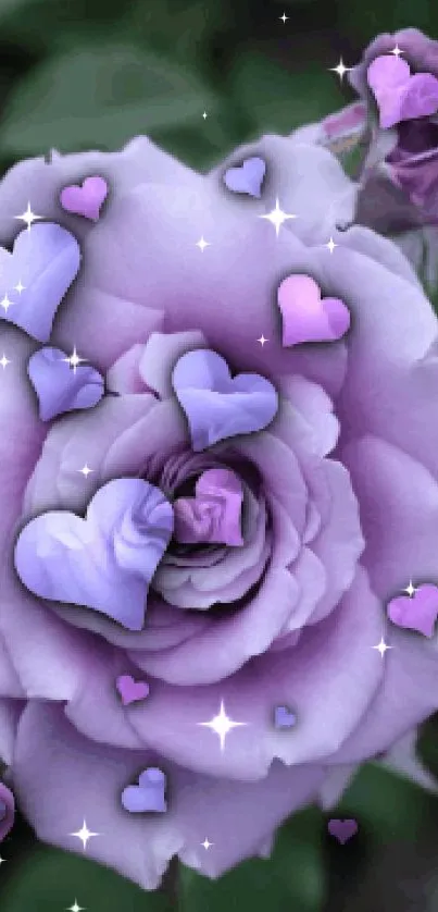 Purple rose with heart accents on a mobile wallpaper background.