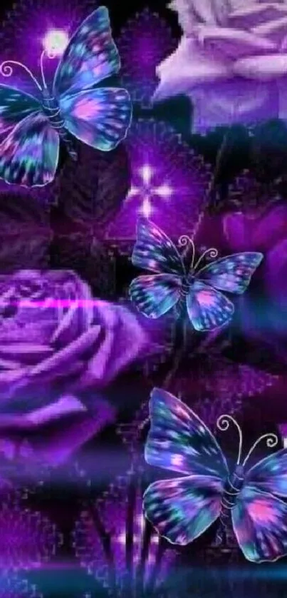 Purple roses with colorful butterflies on a black background.