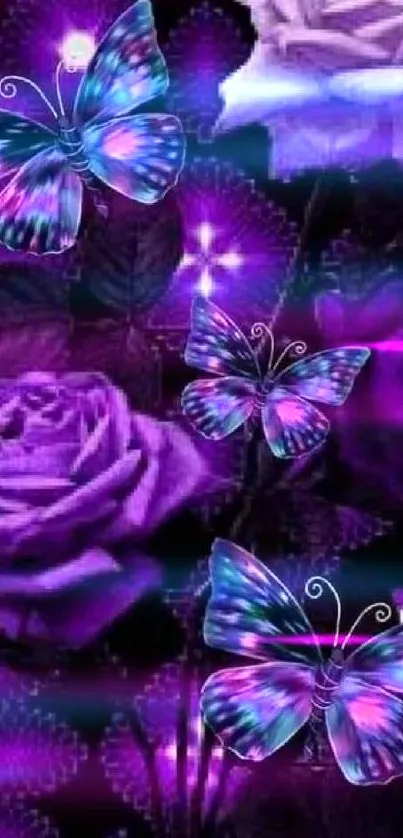 Purple roses and butterflies wallpaper.