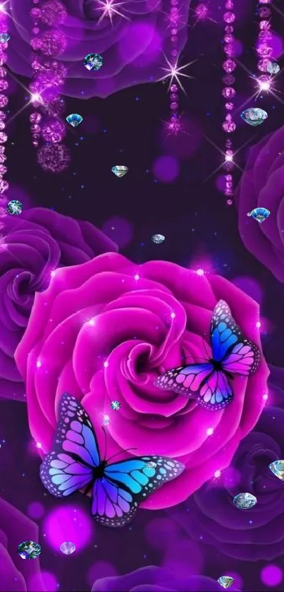 Purple rose with butterflies and sparkling details on wallpaper.