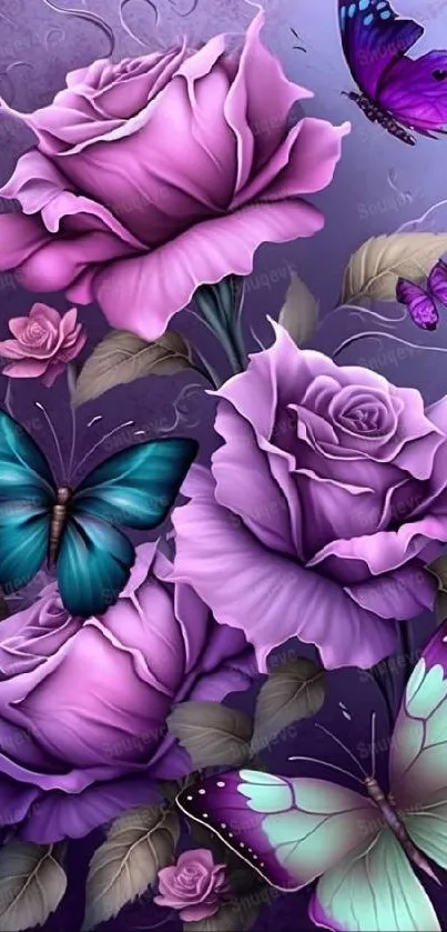 Elegant purple roses and butterflies wallpaper.